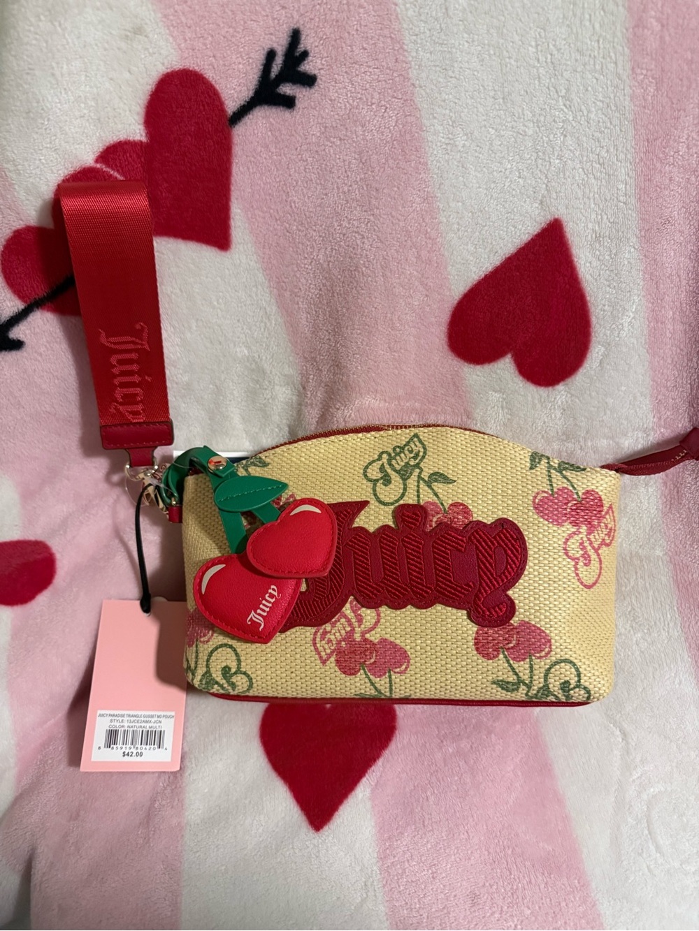 NWT Juicy Paradise Triangle Gusset Straw Pouch with Red Cherry 🍒 Accents
